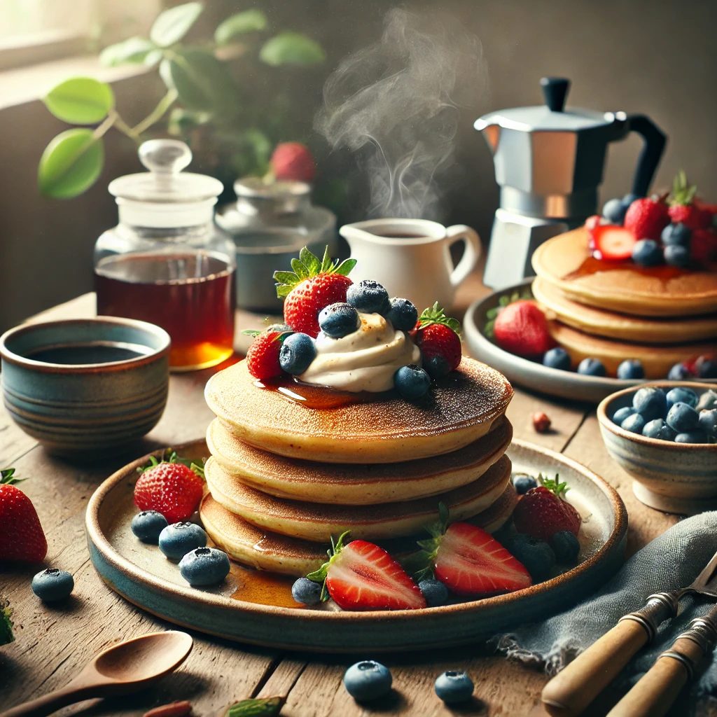 Easy Fluffy Vegan Pancakes Topped with Fresh Berries