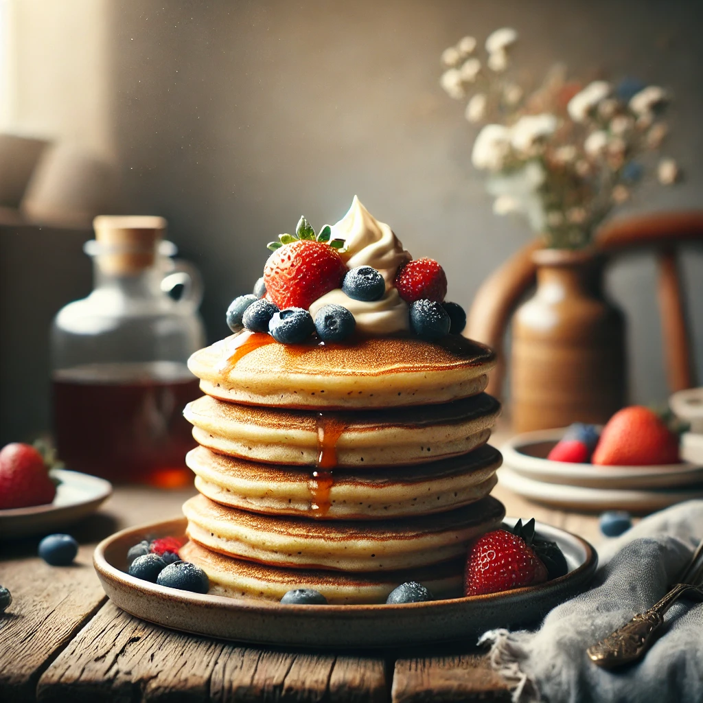 Easy Fluffy Vegan Pancakes Topped with Fresh Berries