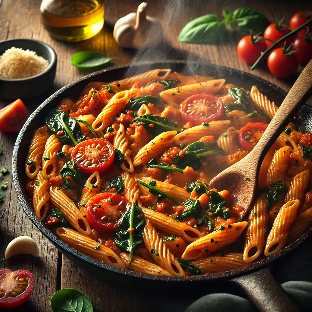 Skillet of chickpea pasta recipe with tomato sauce and fresh basil