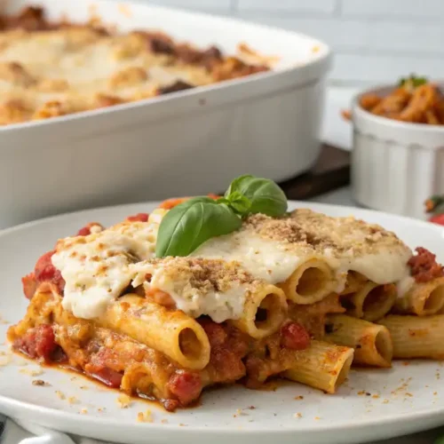 Vegan Baked Ziti with Marinara and Vegan Cheese in a Rustic Setting