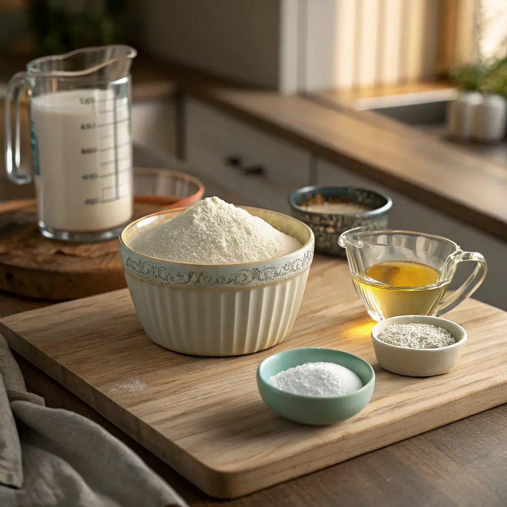 Neatly Arranged Baking Ingredients on a Wooden Counter