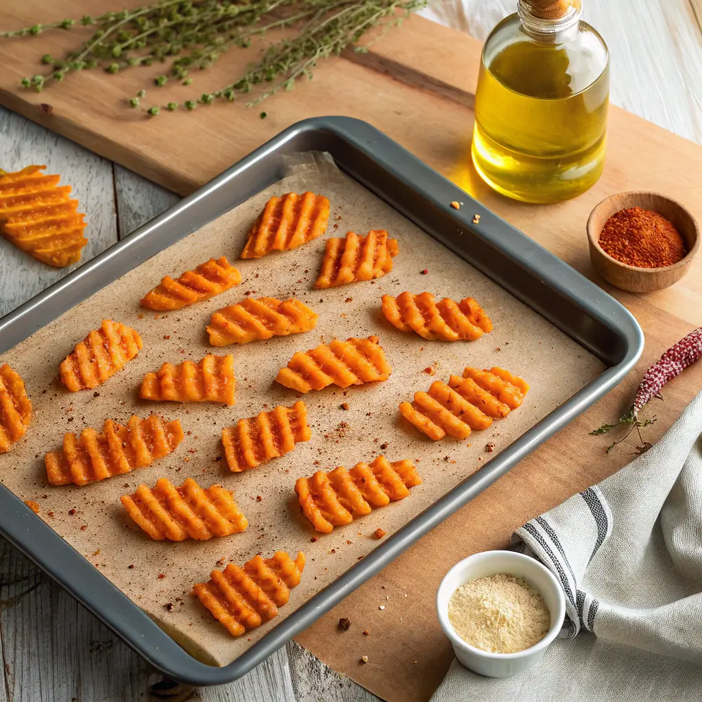 Sweet Potato Waffle Fries on a Baking Sheet Ready to Bake