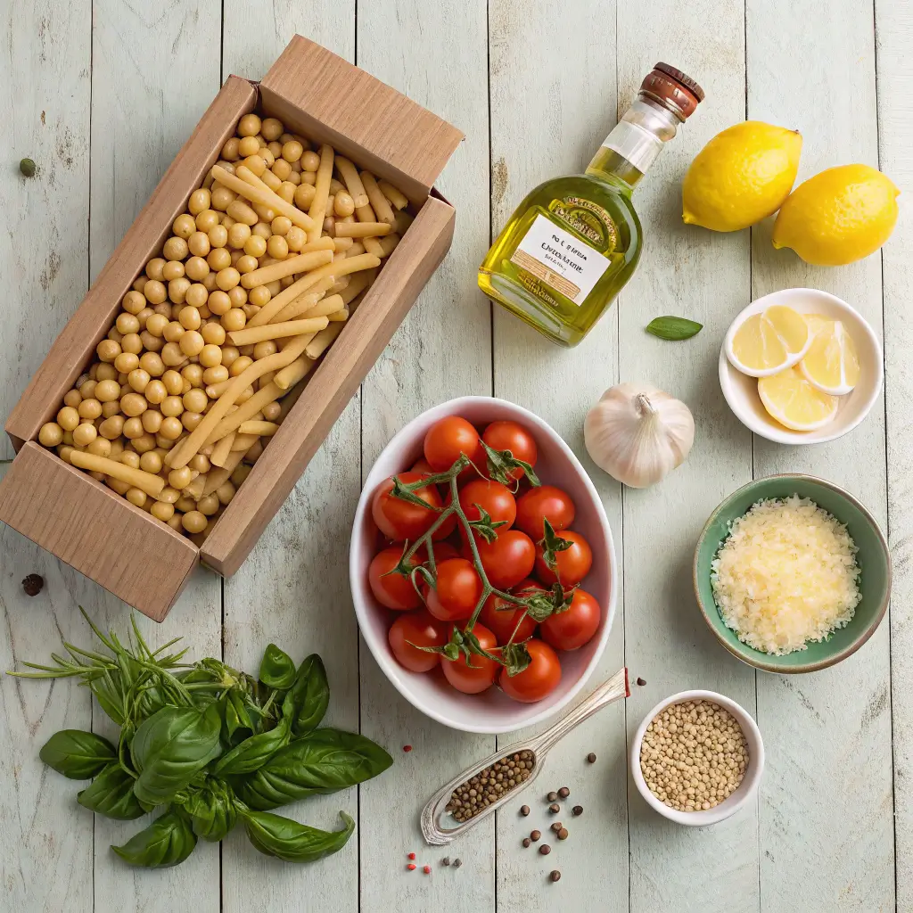 Ingredients for chickpea pasta recipe arranged on a wooden table