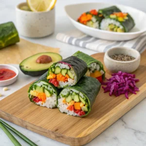 Colorful Sushi Wraps with Fresh Veggies and Soy Sauce