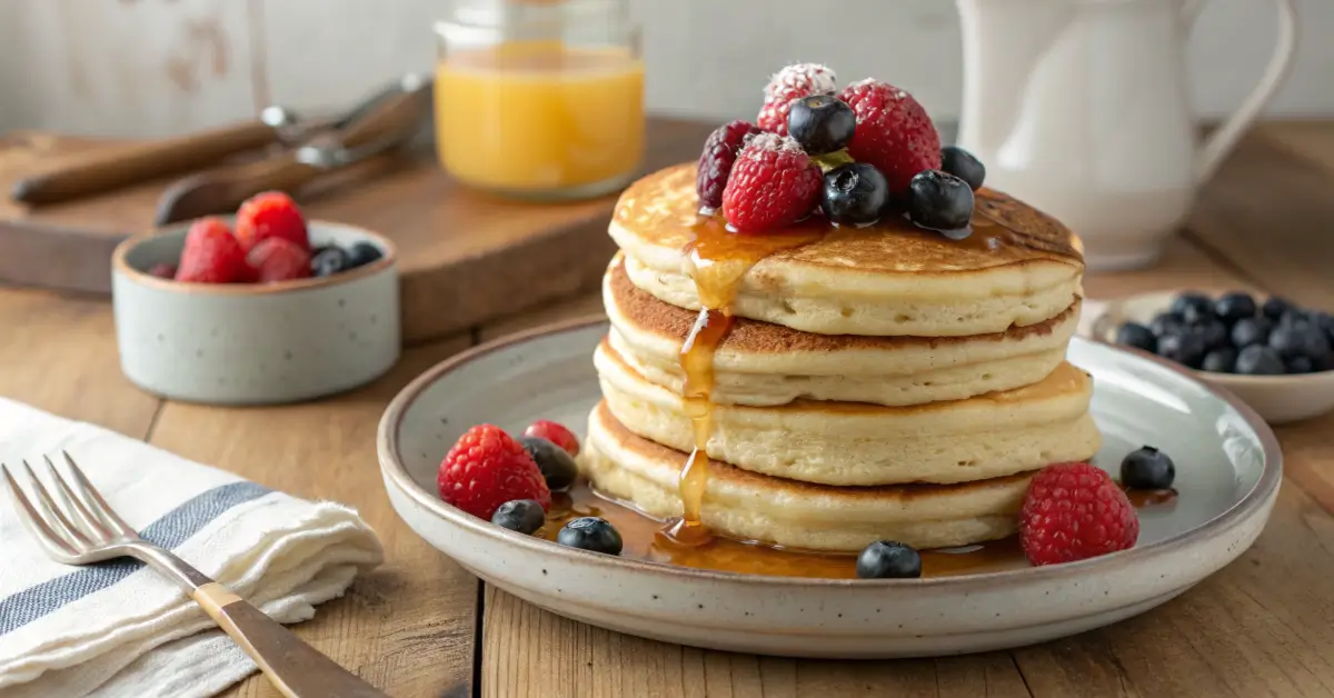 Easy Fluffy Vegan Pancakes Topped with Fresh Berries