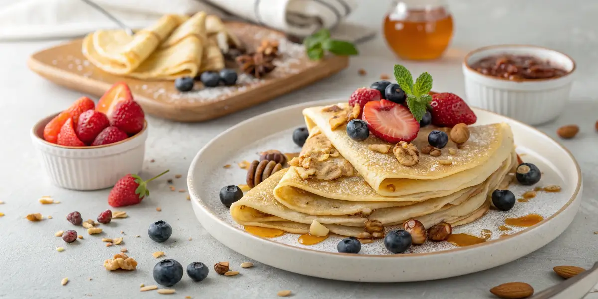Vegan Crepes Served with Fresh Berries and Maple Syrup