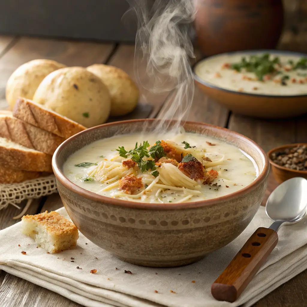 Steaming Bowl of Potato Soup with Hash Browns