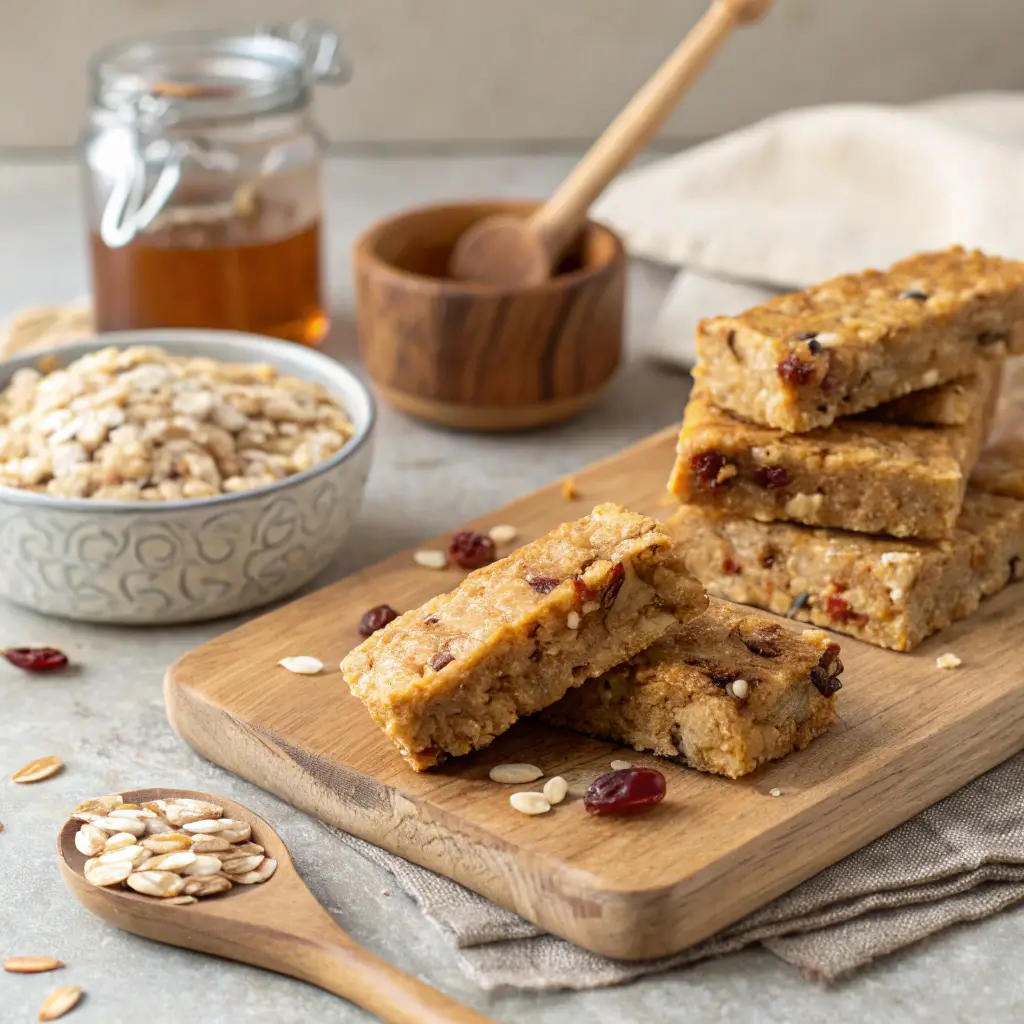 Homemade Nut Free Granola Bars on a Wooden Board