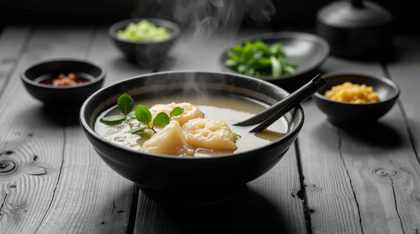 Vegetarian Fish Maw Soup with Yuba and Snow Fungus in a Golden Broth