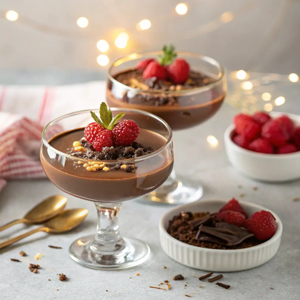 Creamy Chocolate Panna Cotta with Fresh Berries and Chocolate Garnish