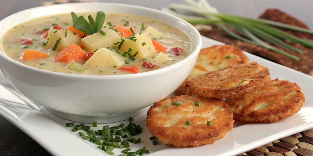 Creamy potato soup with golden hash browns served in a white bowl with herbs on top